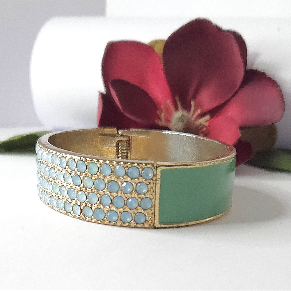 Green Enamel & Teal Acrylic Crystal Gold Tone Hinged Bangle Bracelet